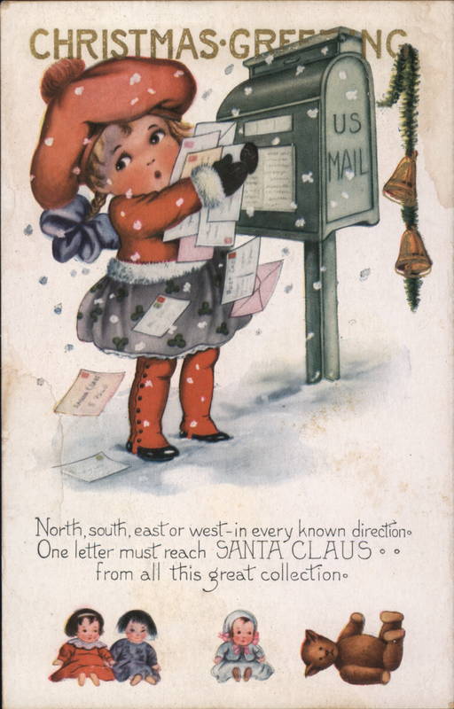 A little girl is sending Christmas letters into a green mail box