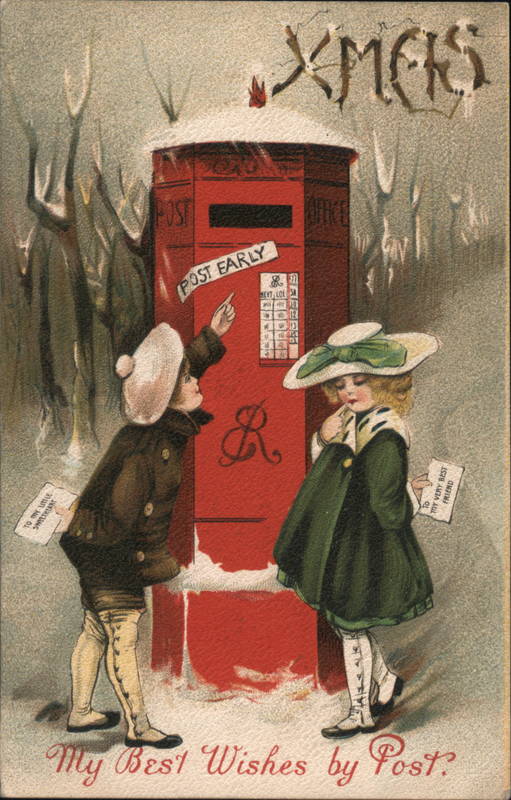 Two children posting mail early in order to beat Christmas Day