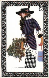 A Woman Holding a Christmas Tree and Shopping Bags Postcard