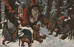 Santa, Teddy Bear and Elves Postcard