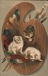 Artist palette and brushes with dogs and cat Postcard