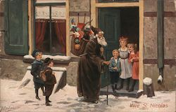 Santa in Brown robe with sack of tys on his back visiting children on the street Santa Claus Johann G. Gerstenhauer Postcard Pos Postcard