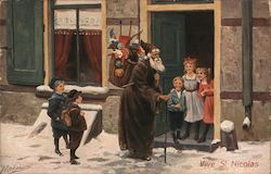 Santa in Brown robe with sack of tys on his back visiting children on the street Postcard