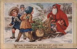 Santa Claus on Sled with Toys Surrounded by Children Postcard
