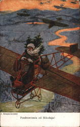 Polish Santa Flying an Airplane Postcard
