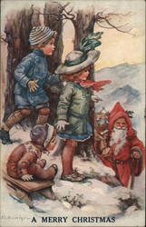 Kids peeking at Santa coming up a path Postcard
