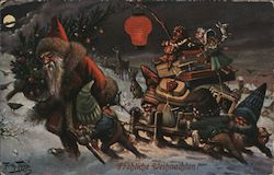 Santa in dark clothes pulling sled full of gifts while elves push Postcard