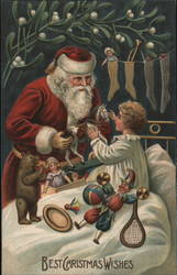 Embossed Santa Claus Giving Toys to Child Postcard
