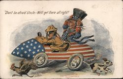 Uncle Sam riding in a Red White and Blue rocket with a driver. Postcard