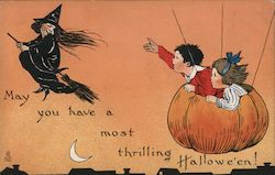 Witch, Children in JOL Balloon Basket Halloween Postcard Postcard Postcard