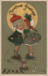 Boy and Girls Christmas Greetings "Kiss Me Quick!" Postcard