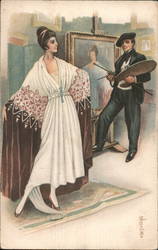 Painter painting a portrait of a woman in a white dress Artist Signed E. Colombo Postcard Postcard Postcard