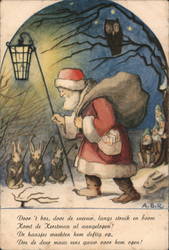 Santa with lantern, forest with gnomes, Owl, Rabbits Postcard