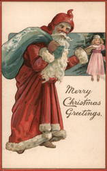 Santa Claus Carrying Sack and Holding a Doll Postcard