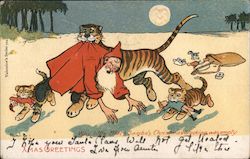 Santa in Red Robe being carried by Tiger while cubs take toys Santa Claus Tom Browne Postcard Postcard Postcard