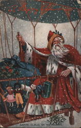 Santa Claus Riding in Hot Air Balloon with Toys Postcard