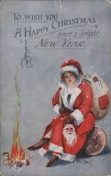 UK Anti-German Female Santa Burning German Toys Postcard