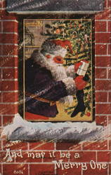 Santa Claus dressed in purple and red stuffing stockings with presents Postcard