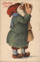 Glaedelig Jul Santa in green, wooden shoes, drinking from jug Santa Claus Poul S. Christiainsen Postcard Postcard Postcard
