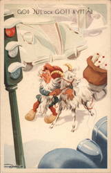 Elf and Goat being startled by Traffic Postcard