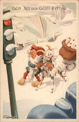 Elf and Goat being startled by Traffic Christmas Gunnar Dahlin Postcard Postcard Postcard