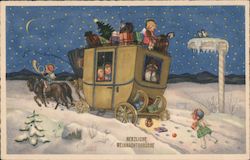 Santa Claus and children ride in his sleigh Postcard