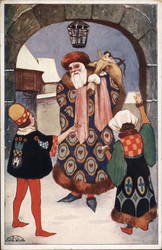 Santa wearing blue robe with heart pattern bringing a sack of gifts to some children Postcard