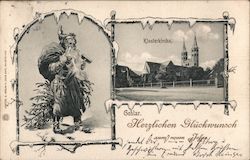 Santa Claus is delivering a tree and presents in this vintage black and white photo Postcard