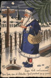 Rare French Santa Claus in Blue Barbed Wire War Zone WWI Postcard