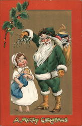 Santa in Green Robe Holding Mistletoe Over Child's Head Santa Claus Katharine Gassaway Postcard Postcard Postcard