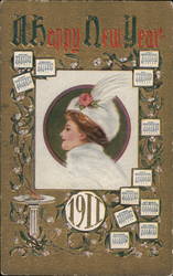 1911 Happy New Year - A Woman in a White Coat and Hat Postcard