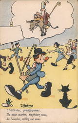 Saint Nicolas arriving on a donkey to clean up things Postcard