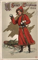 Woman Holding Snowballs With a Sled Behind Her Postcard