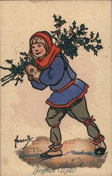 Child in Red Hat and Scarf Carrying a Bough of Holly Postcard