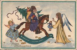Santa on a Rocking Horse with Angels Postcard