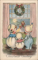 Children watching Santa on the neighbor's Rooftop Postcard