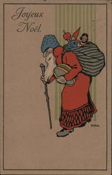 Santa in Red Robe Carrying a Drum and Walking Stick with a Knapsack Full of Toys on his Back Postcard