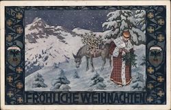 Santa Holding Small Tree in Mountains Donkey With Decorated Tree on Back Postcard