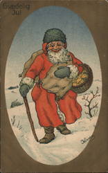 Santa in white robe delivering oranges Postcard