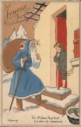 Santa in Blue Robe meeting child at doorstep. Postcard