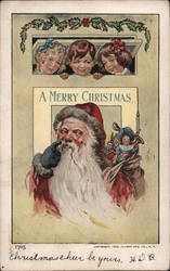 Children Looking out of a Transom Above Santa with Toys Santa Claus Charles Levi Postcard Postcard Postcard