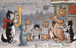 Cat Choir with Trombone, Tuba - Bonne et Heureuse Annee Postcard