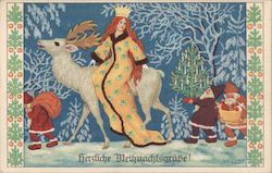 Woman riding on raindeer while elves carry gifts Postcard