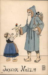 Santa in a blue robe handing a doll ot a dutch child Postcard