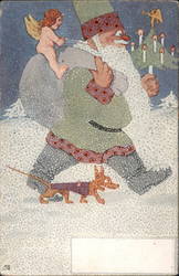 Rare Santa Claus dressed in green making deliveries with angel on his back Postcard