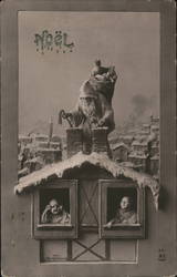 Santa on Rooftop with Sack of Packages for the Children in the Window Postcard