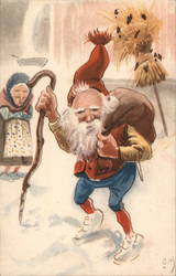 Santa Claus dressed in jeans and sneakers with a vest walking in the snow to deliver presents Postcard
