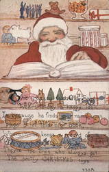 Santa Claus reading his book with toys all around him Postcard