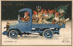 Santa Claus Driving Truck with Elves in the Back Postcard