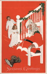 Fade-Away Seasons Greetings - Two Children Finding Santa Asleep on a Chair Santa Claus Coles Phillips Postcard Postcard Postcard